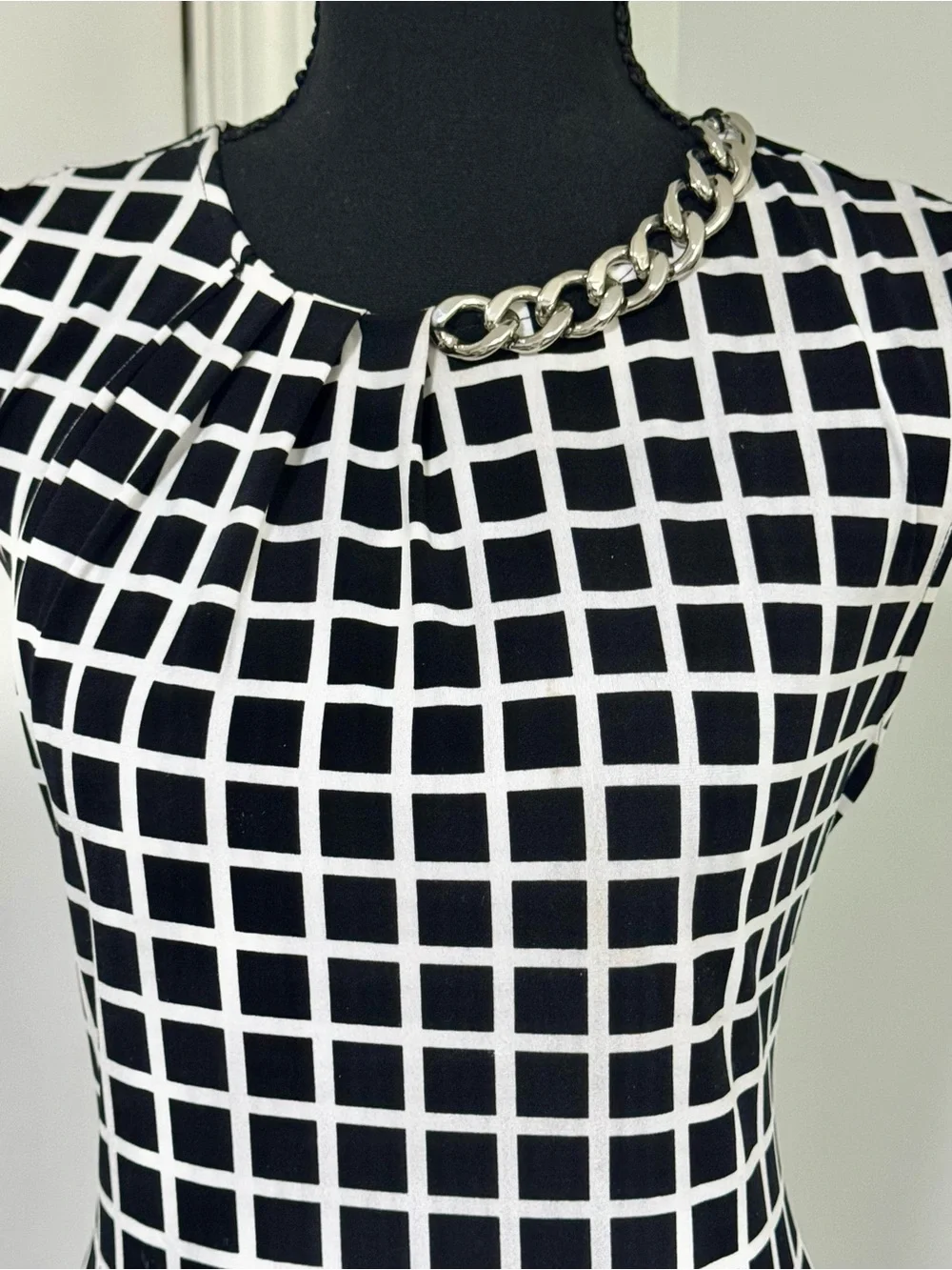 Michael Kors Black and White Grid Sheath with Chain Accent